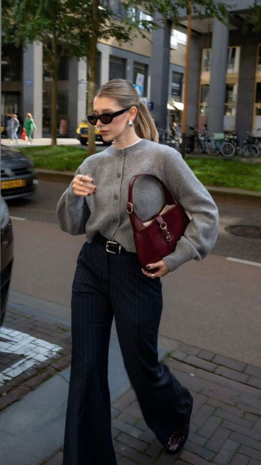 Timeless outfit: grey knit and pinstripe trousers